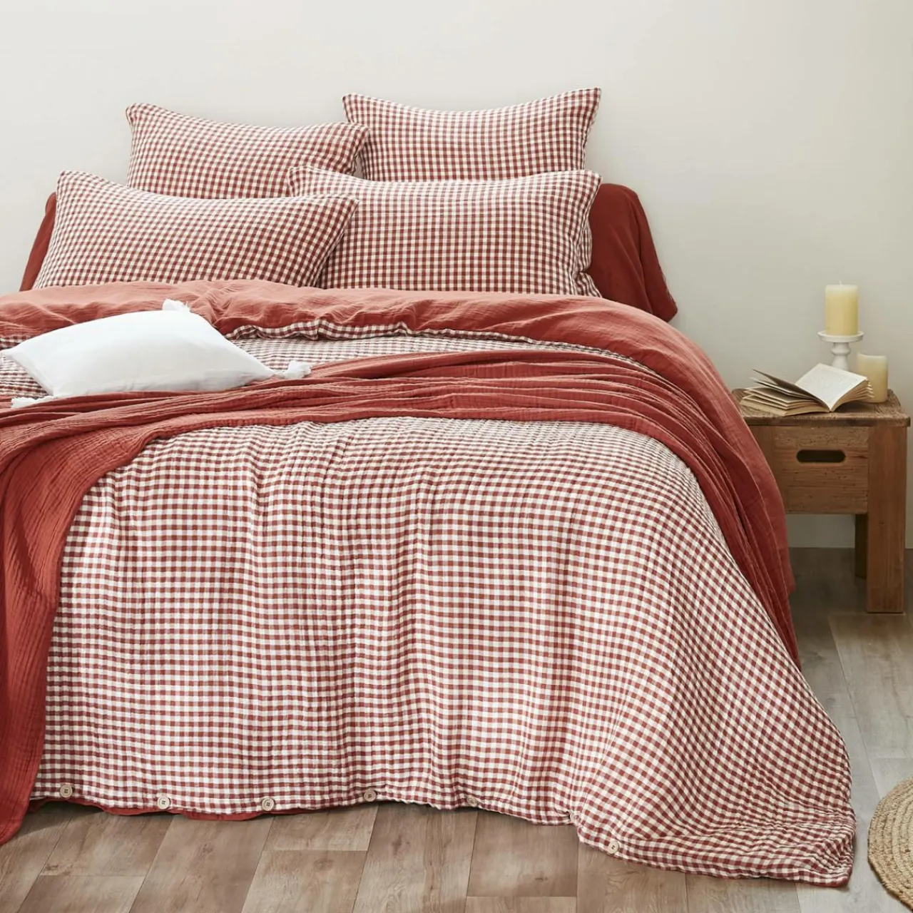 EMINZA Housse de couette gaze de coton (200 x 200 cm) Gaïa vichy Terracotta Hot