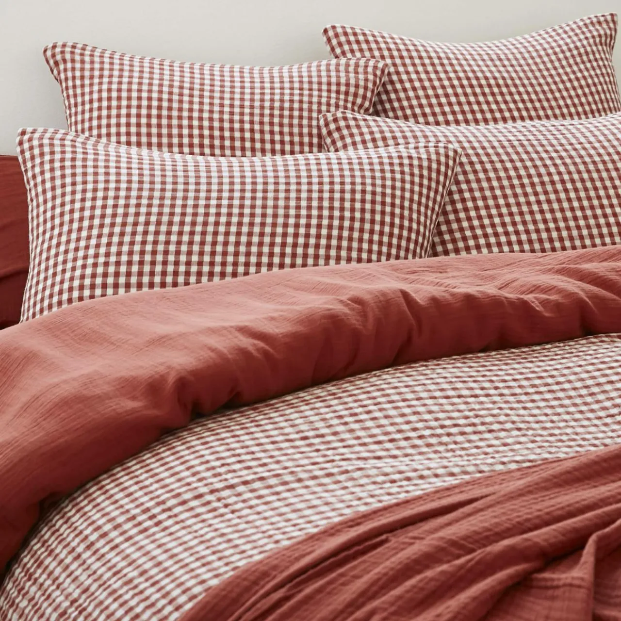 EMINZA Housse de couette gaze de coton (200 x 200 cm) Gaïa vichy Terracotta Hot