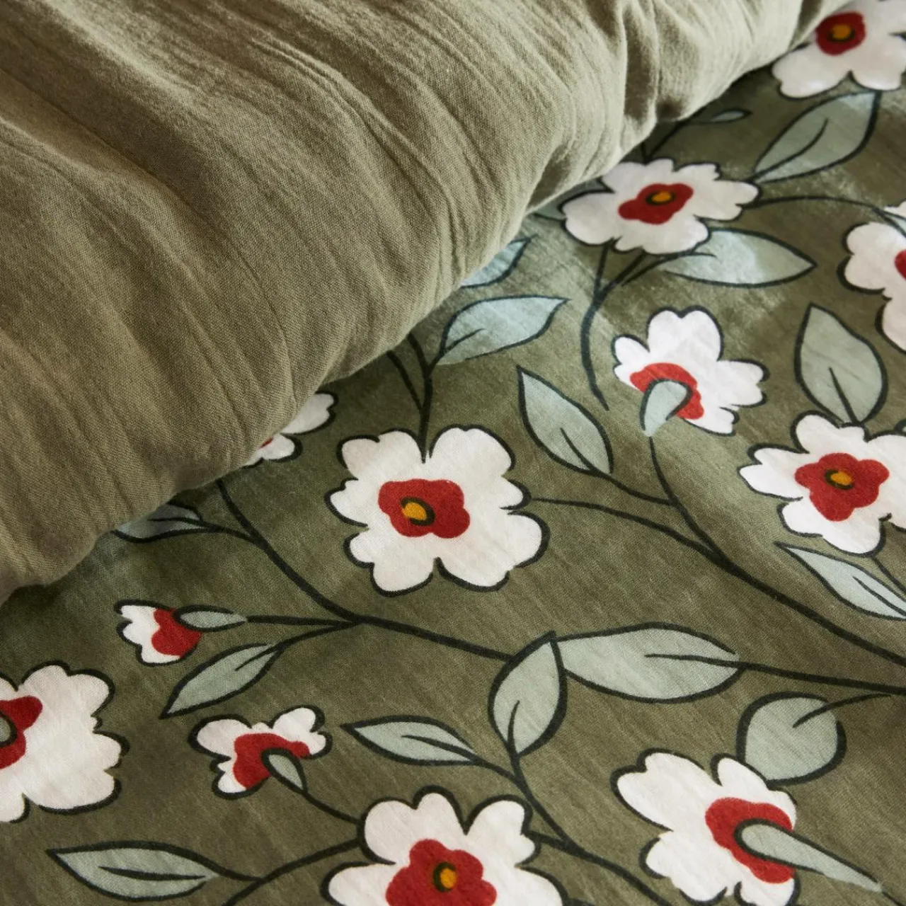 EMINZA Housse de couette gaze de coton (240 x 220 cm) Gaïa Marguerite Vert Romarin Online