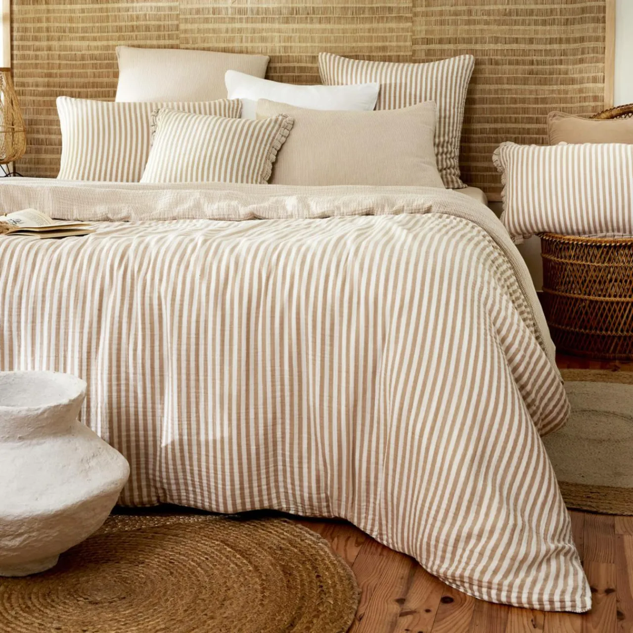 EMINZA Housse de couette gaze de coton (240 x 220 cm) Gaïa rayures Ficelle Rayure Ficelle Discount