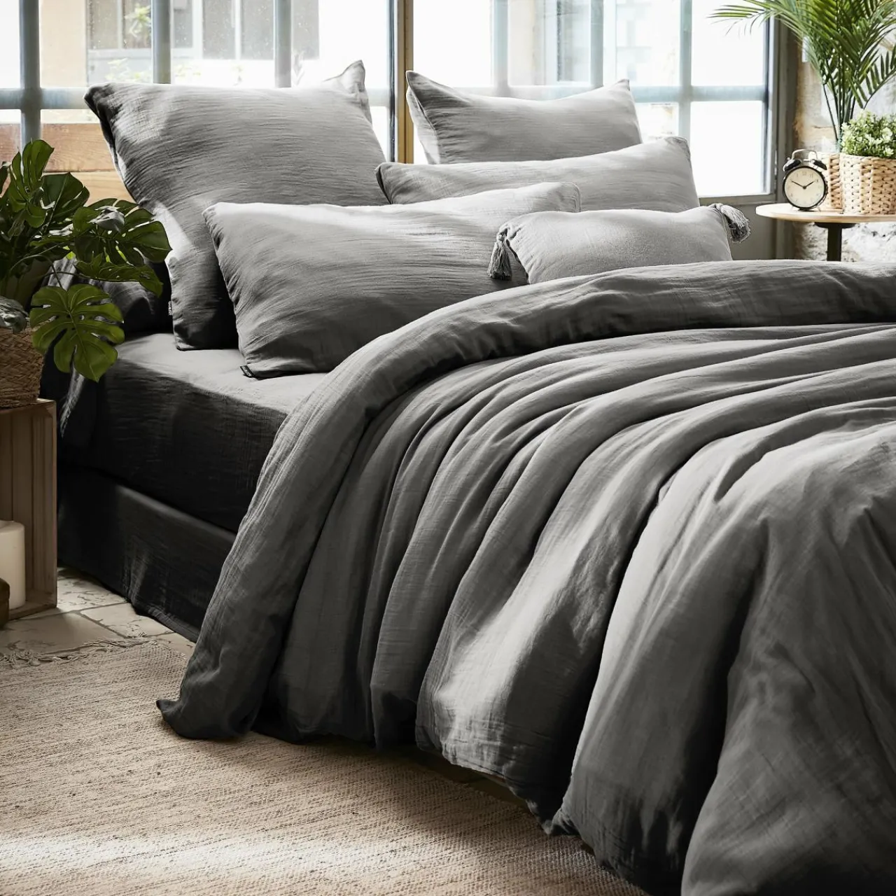 EMINZA Housse de couette gaze de coton (240 x 220 cm) Gaïa Gris granit Gris foncé Discount