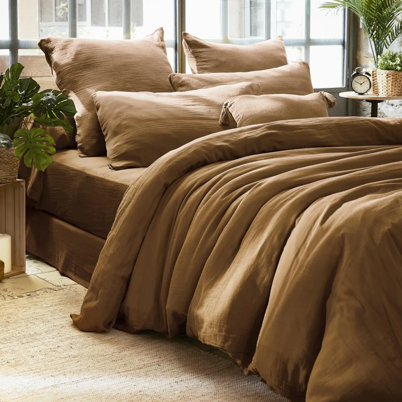 EMINZA Housse de couette gaze de coton (240 x 220 cm) Gaïa Camel Hot