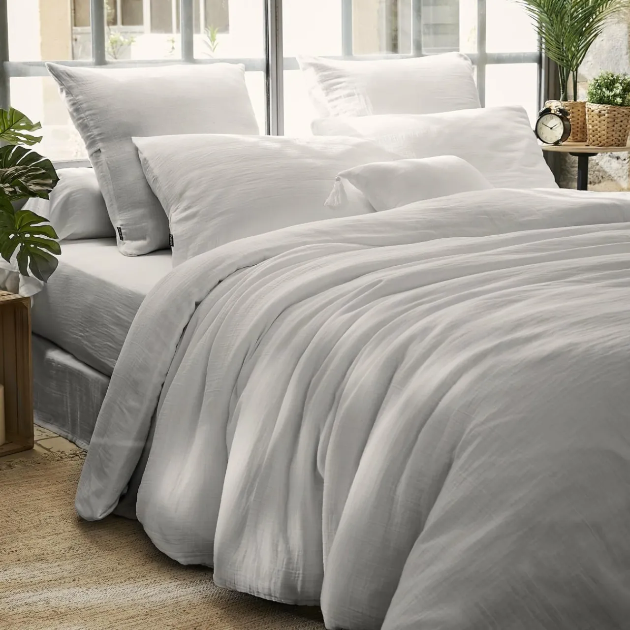 EMINZA Housse de couette gaze de coton (240 x 220 cm) Gaïa Gris nuage Gris clair