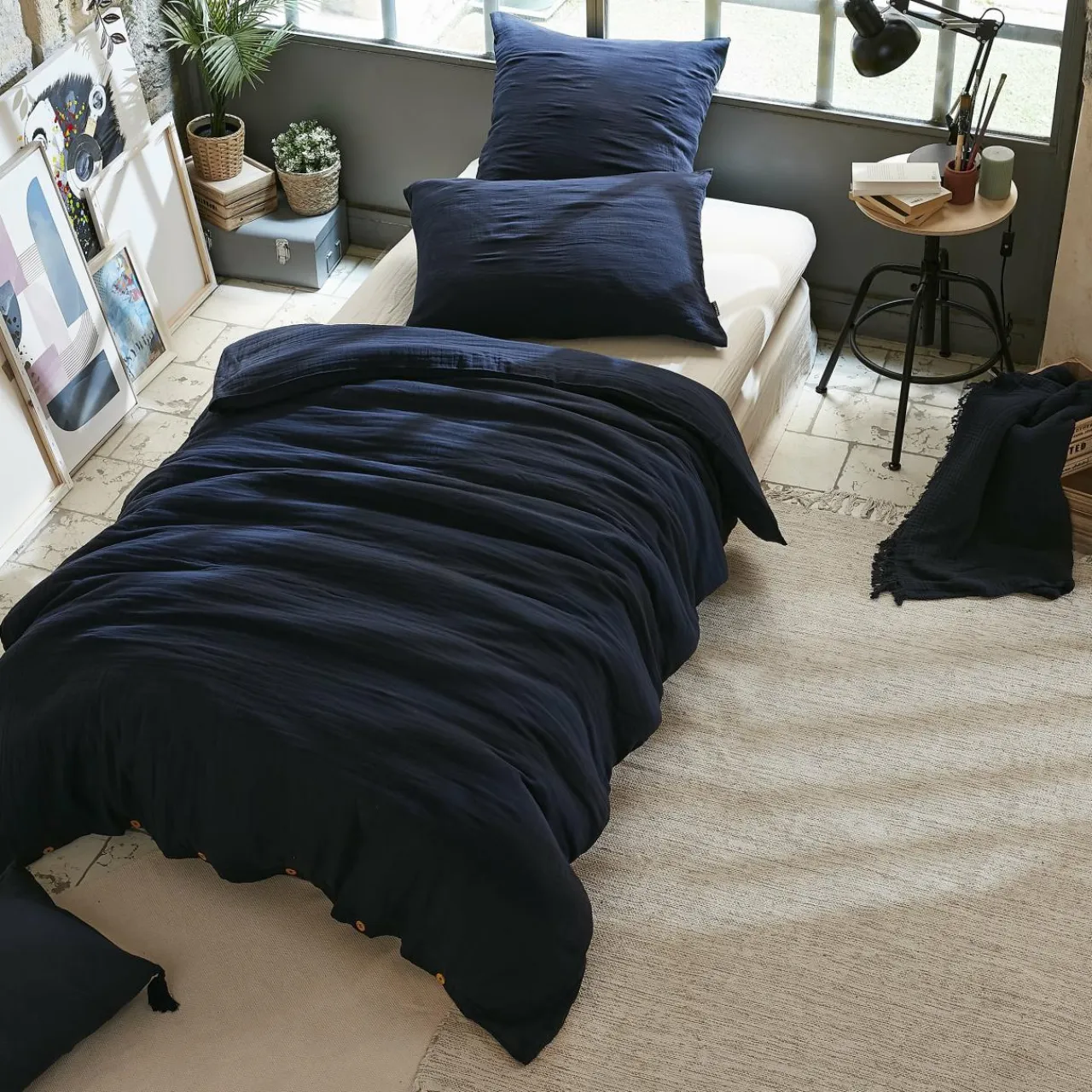 EMINZA Housse de couette gaze de coton (140 x 200 cm) Gaïa Bleu nuit Best