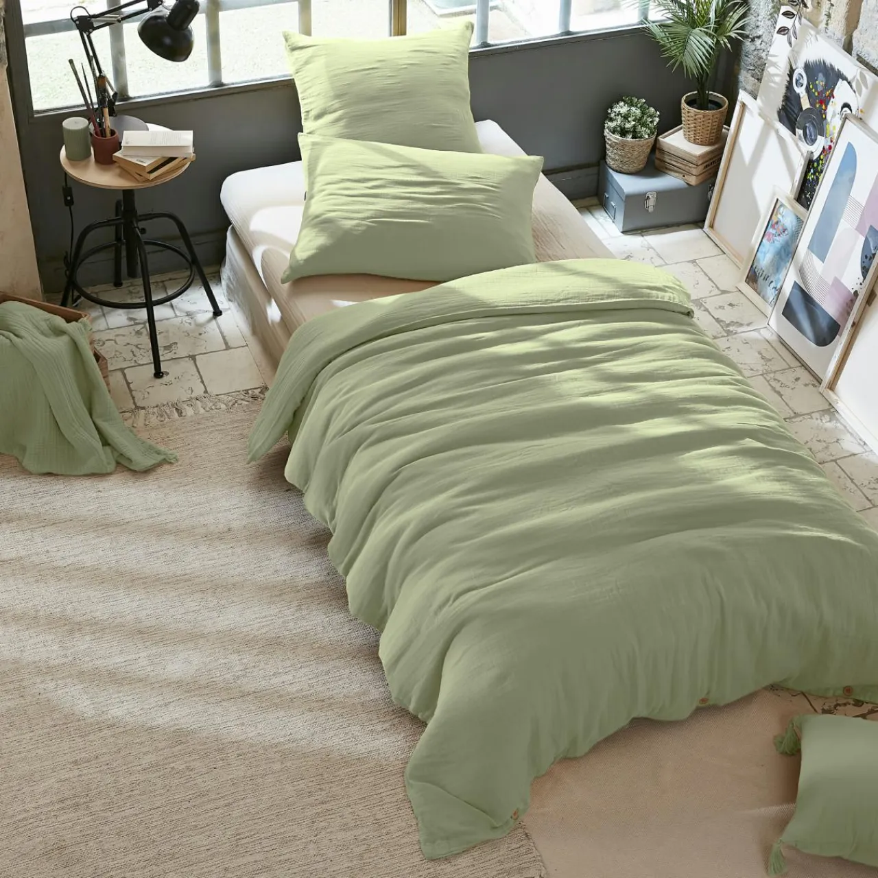 EMINZA Housse de couette gaze de coton (140 x 200 cm) Gaïa Vert tilleul Best