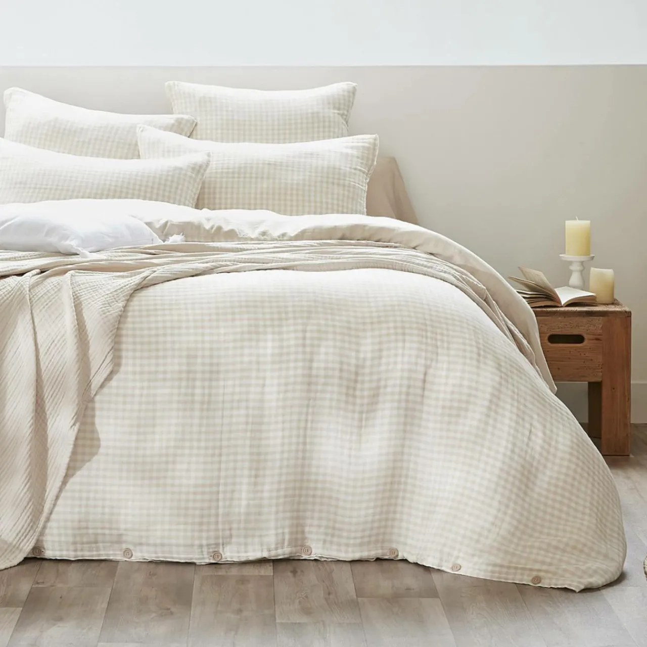 EMINZA Housse de couette gaze de coton (140 x 200 cm) Gaïa vichy Beige Discount