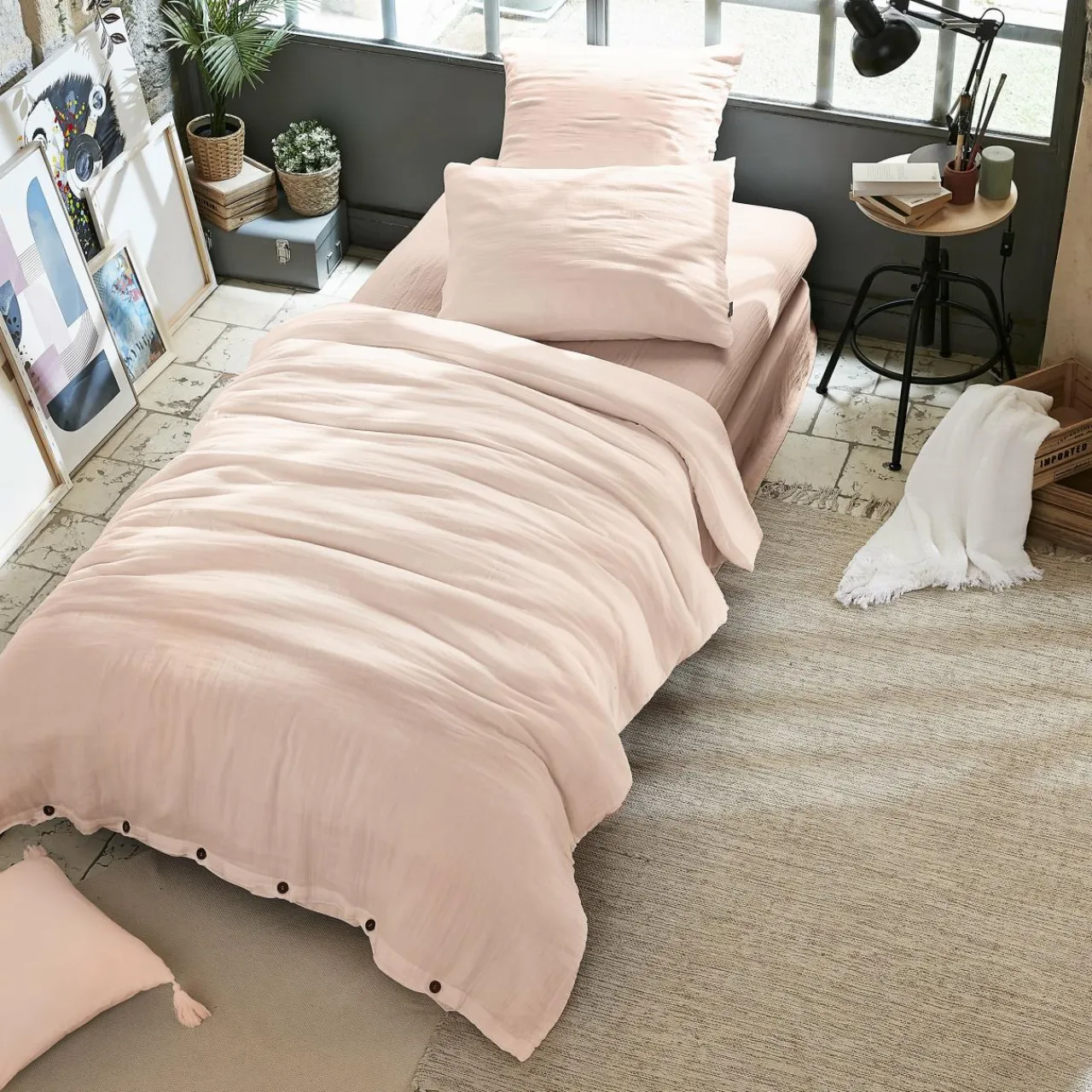 EMINZA Housse de couette gaze de coton (140 x 200 cm) Gaïa Rose poudré New