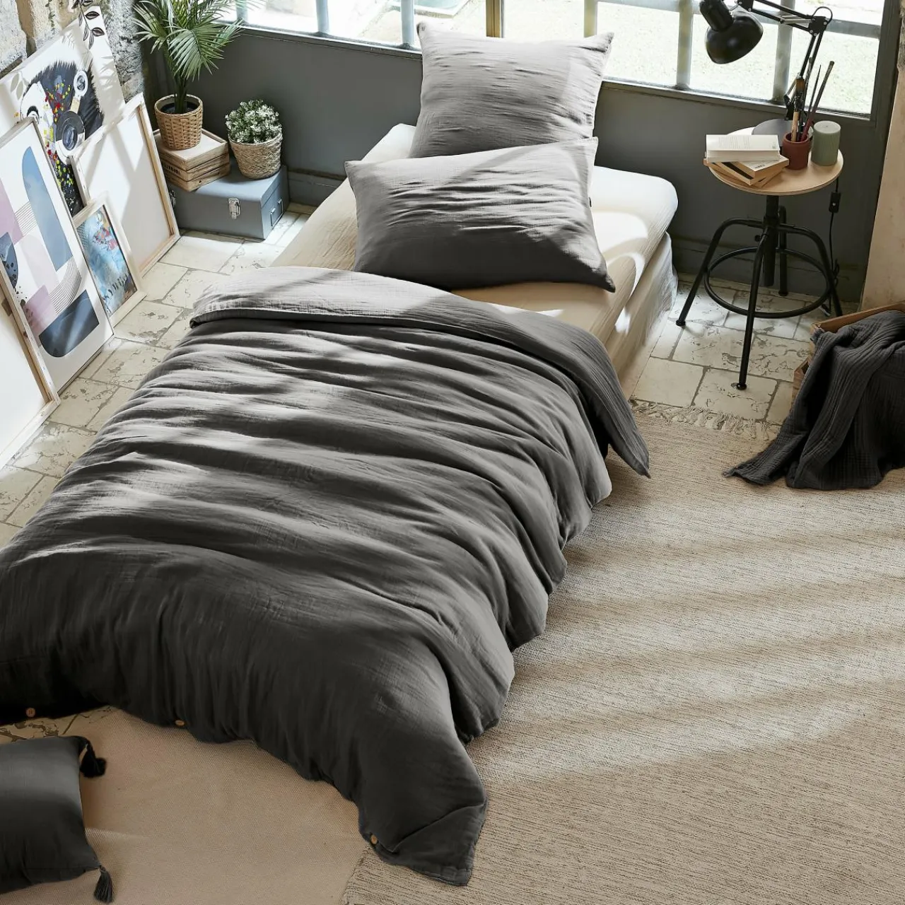 EMINZA Housse de couette gaze de coton (140 x 200 cm) Gaïa Gris granit Gris foncé New