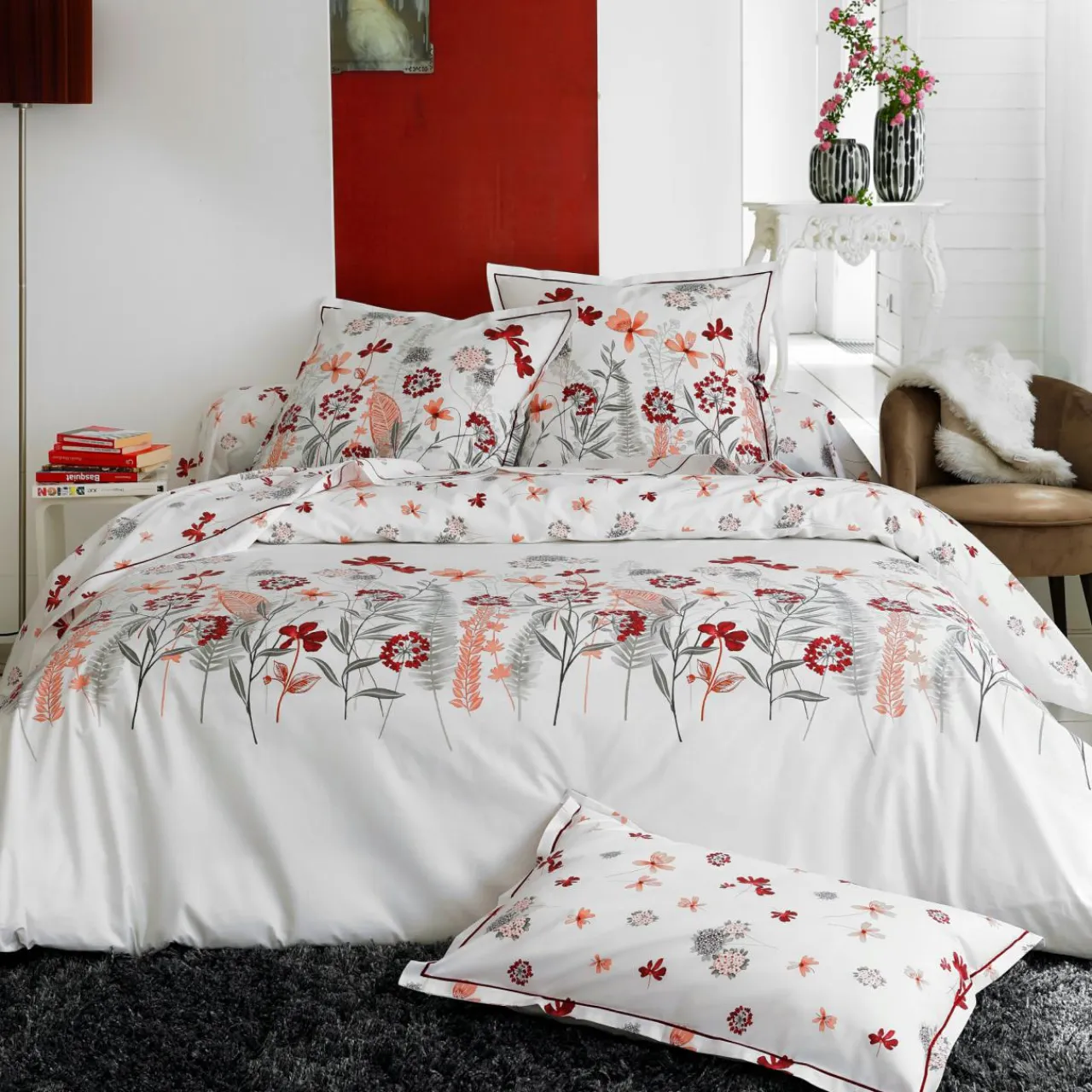 TRADI LINGE Housse de couette percale de coton (200 x 200 cm) Petite Folie Rouge Discount