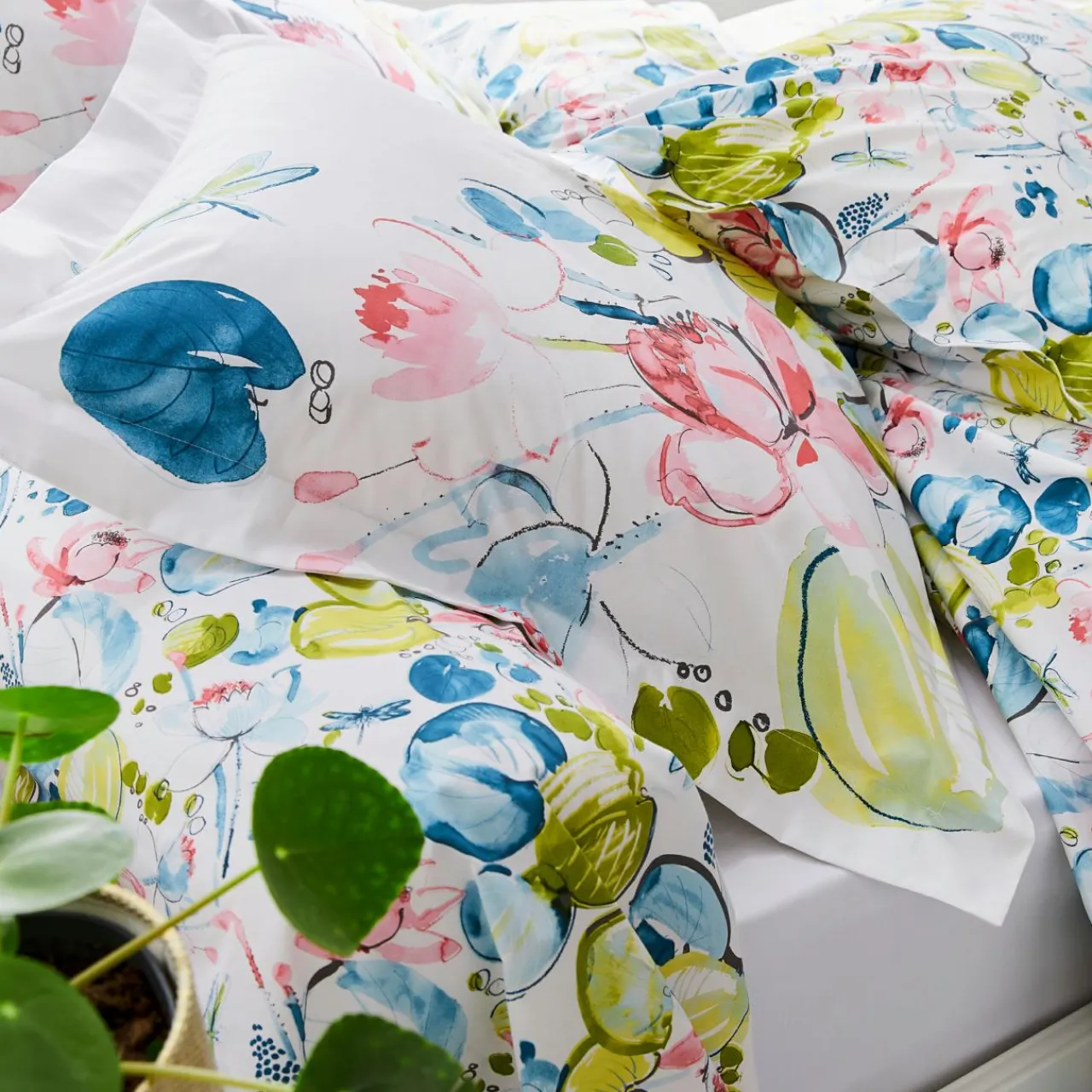 TRADILINGE Housse de couette percale de coton (260 x 240 cm) Nénuphar Aqua Multicolore New