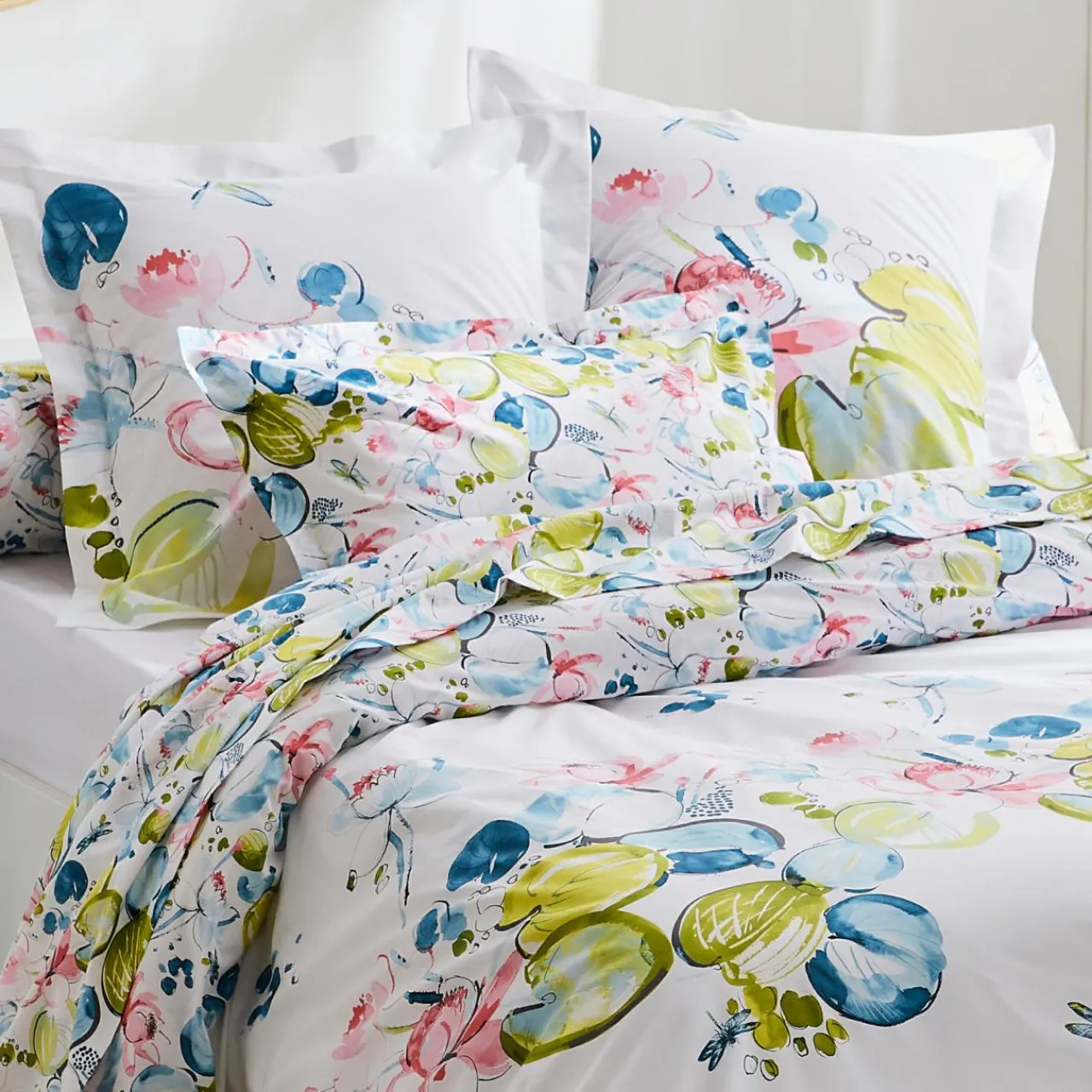TRADILINGE Housse de couette percale de coton (260 x 240 cm) Nénuphar Aqua Multicolore New