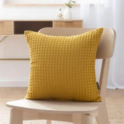 EMINZA Housse de coussin carrée coton nid d'abeille (40 x 40 cm) Maya Jaune safran Best
