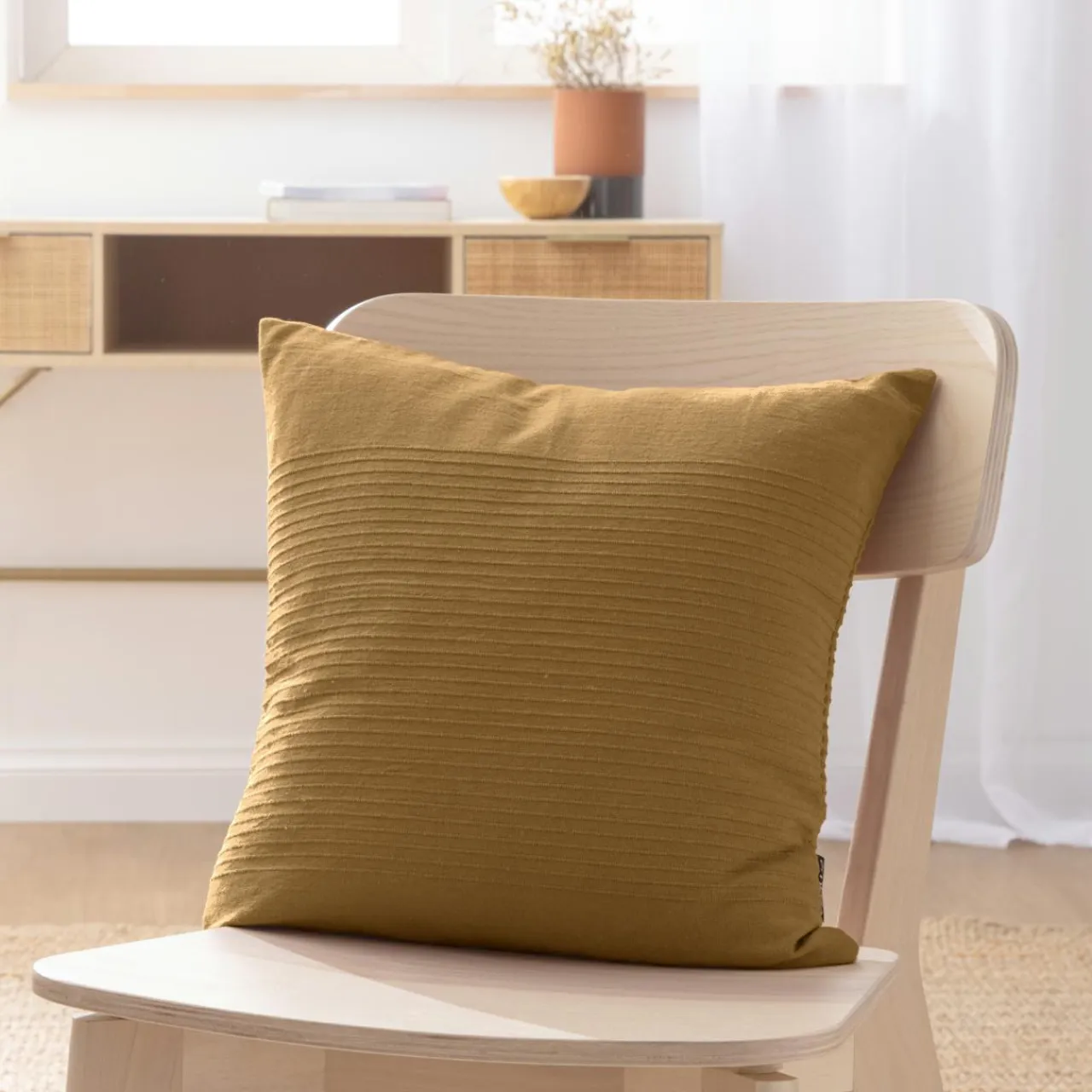 EMINZA Housse de coussin carrée coton tissé (40 x 40 cm) Léa Camel Discount