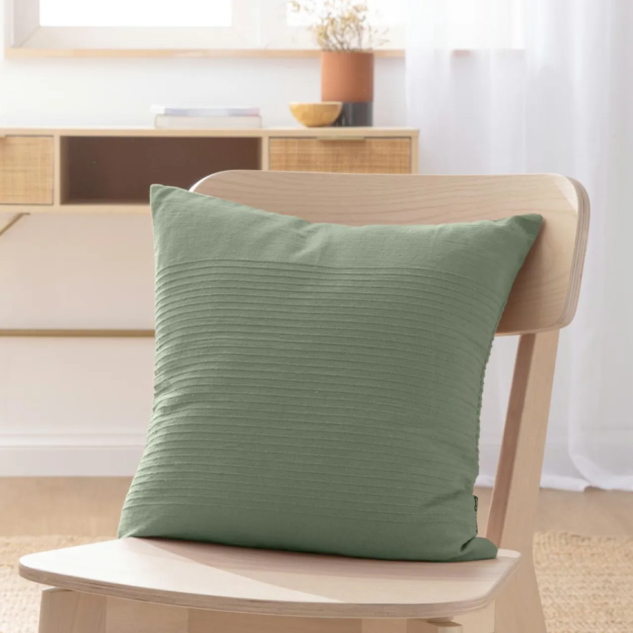 EMINZA Housse de coussin carrée coton tissé (40 x 40 cm) Léa Vert romarin