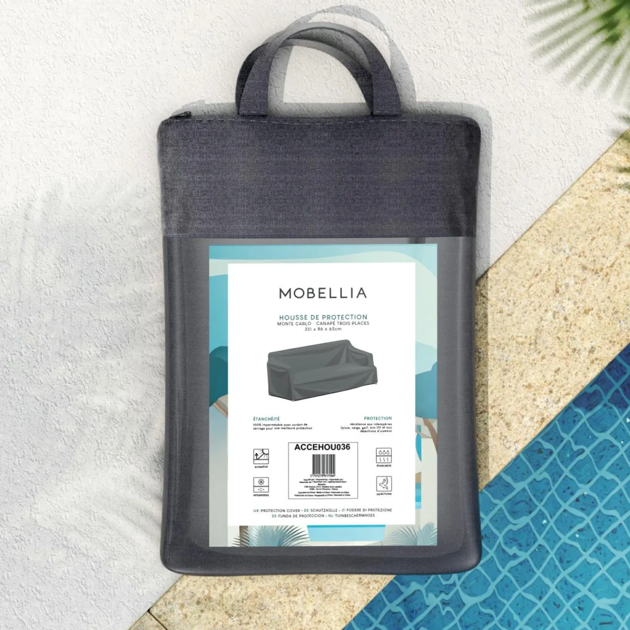 MOBELLIA Housse de protection imperméable pour Canapé 3 places (221 x 86 cm) Monte Carlo Gris Anthracite Outlet