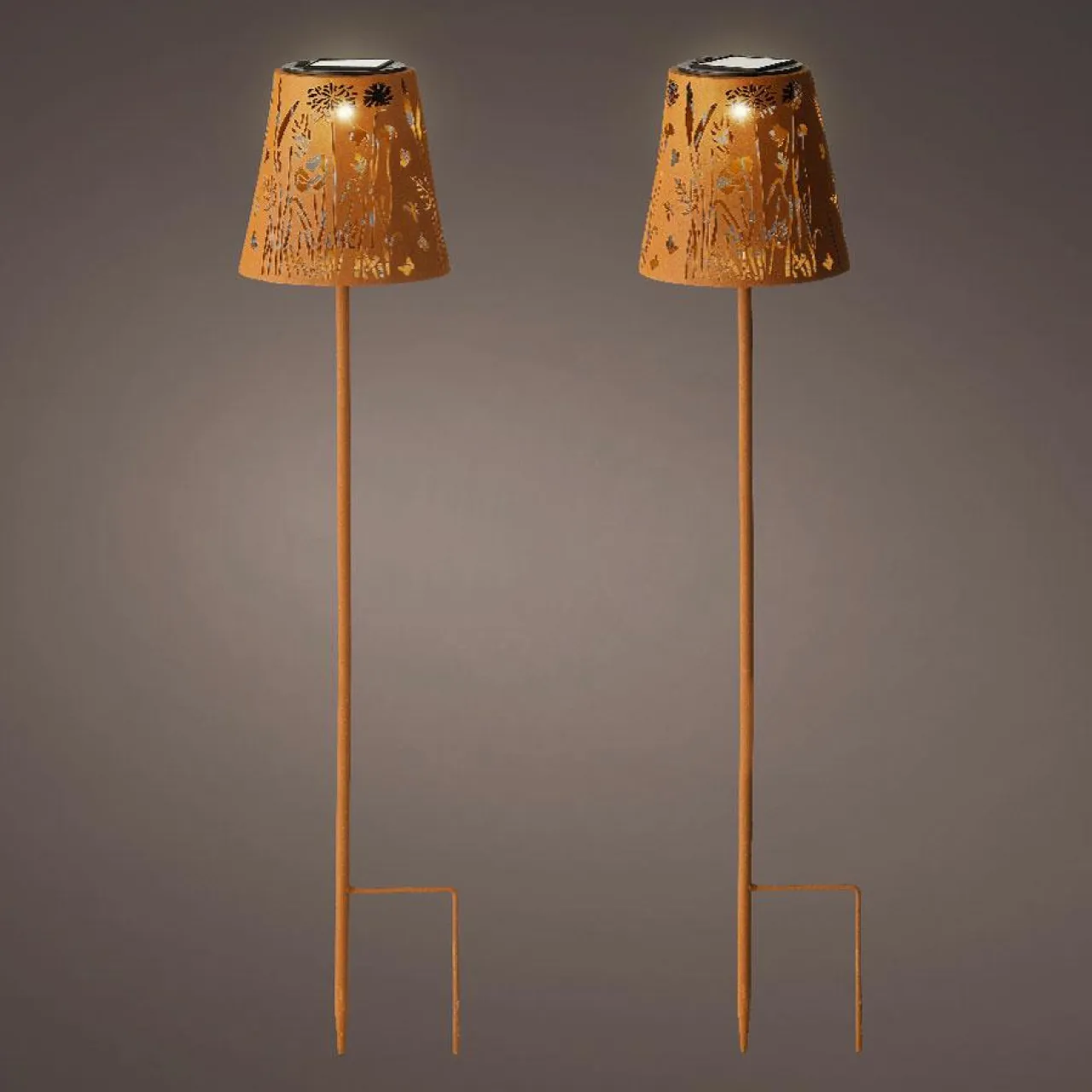 #N/A Lot de 2 bornes de jardin solaire LED (H58 cm) Floral Brun rustique Marron Clearance