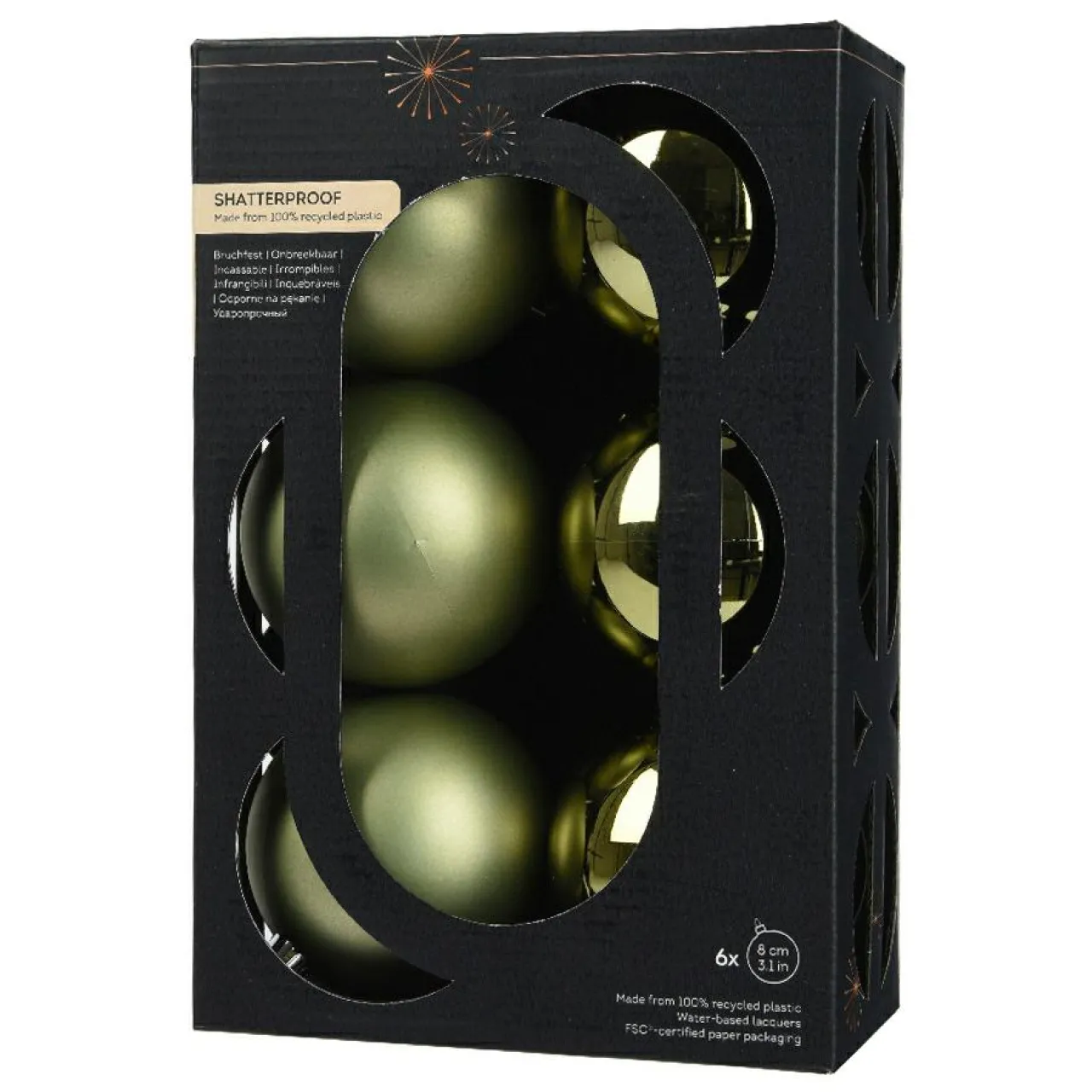 KAEMINGK Lot de 6 boules de Noël (D80 mm) Aravis Vert romarin Hot