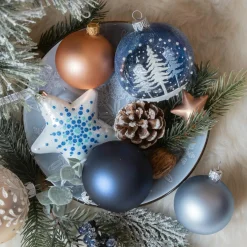 KAEMINGK Lot de 6 boules de Noël (D80 mm) en verre Forêt de sapins Bleu Sale
