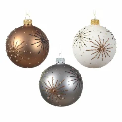 KAEMINGK Lot de 6 boules de Noël (D80 mm) en verre Kery , Noix de pécan et Gris marbre Blanc laine Hot