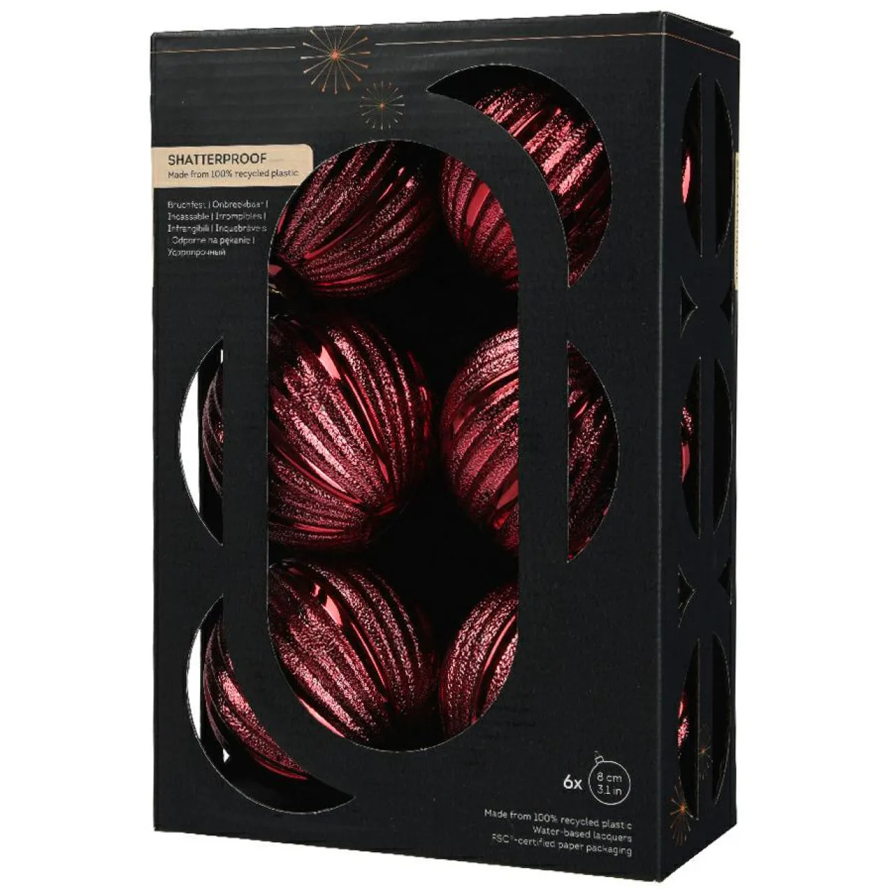 KAEMINGK Lot de 6 Boules de Noël (D80 mm) Glitter Bordeaux New