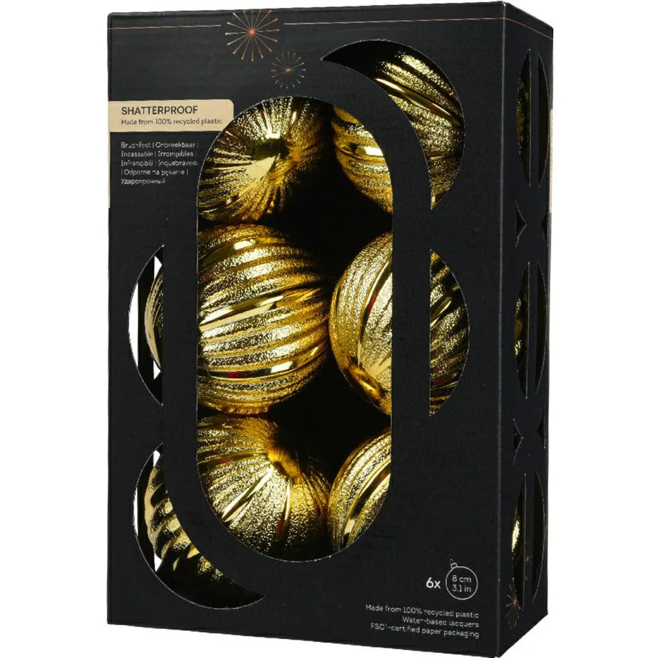 KAEMINGK Lot de 6 boules de Noël (D80 mm) Glitter Or