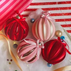 KAEMINGK Lot de 12 boules de Noël en verre (D80 mm) Velours et noeud et rose Rouge Outlet