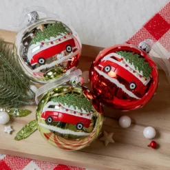 KAEMINGK Lot de 6 boules de Noël en verre (D80 mm) Mini bus et Sapins Multicolore Best