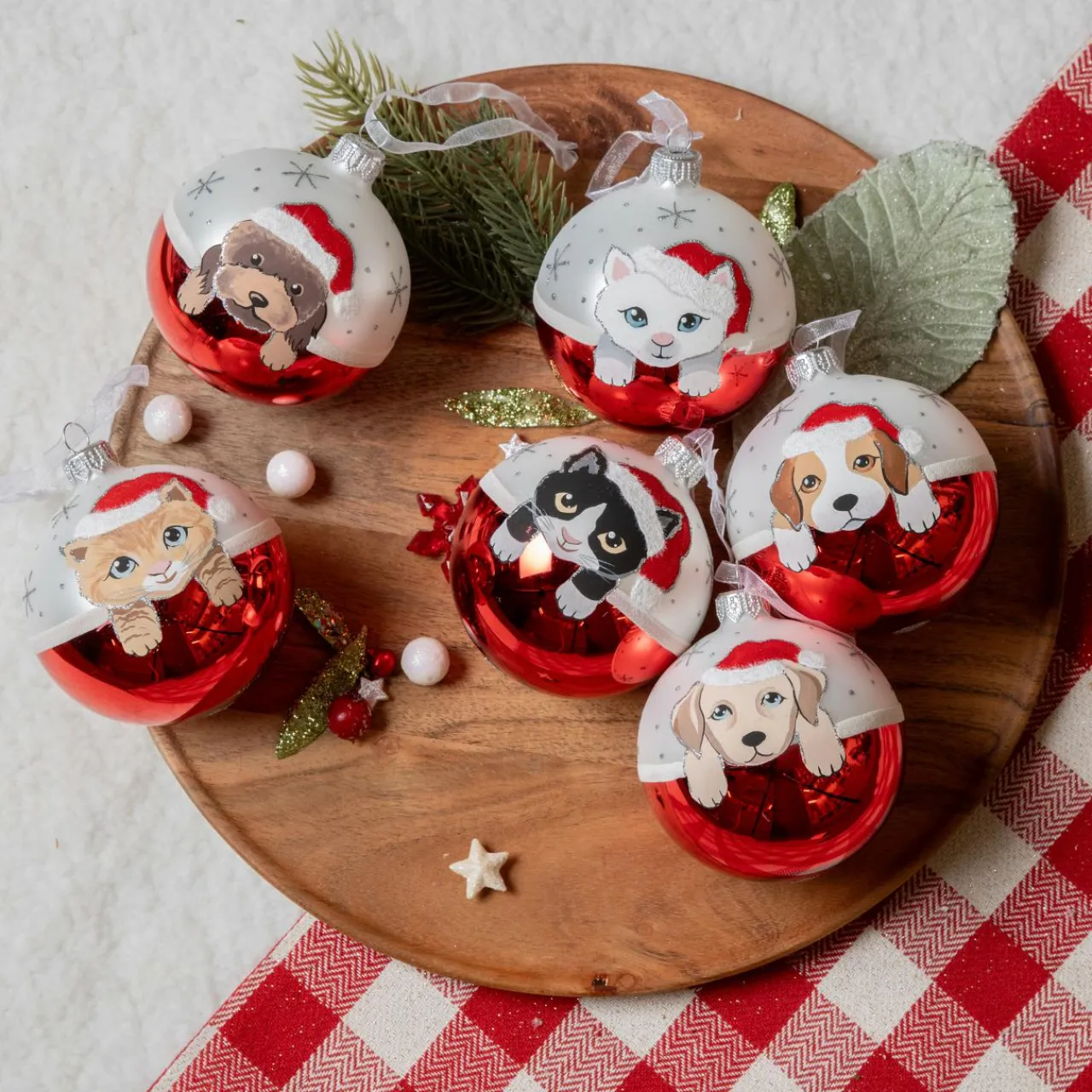 KAEMINGK Lot de 6 boules de Noël en verre (D80 mm) Chiens et Chats Rouge New
