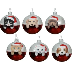 KAEMINGK Lot de 6 boules de Noël en verre (D80 mm) Chiens et Chats Rouge New