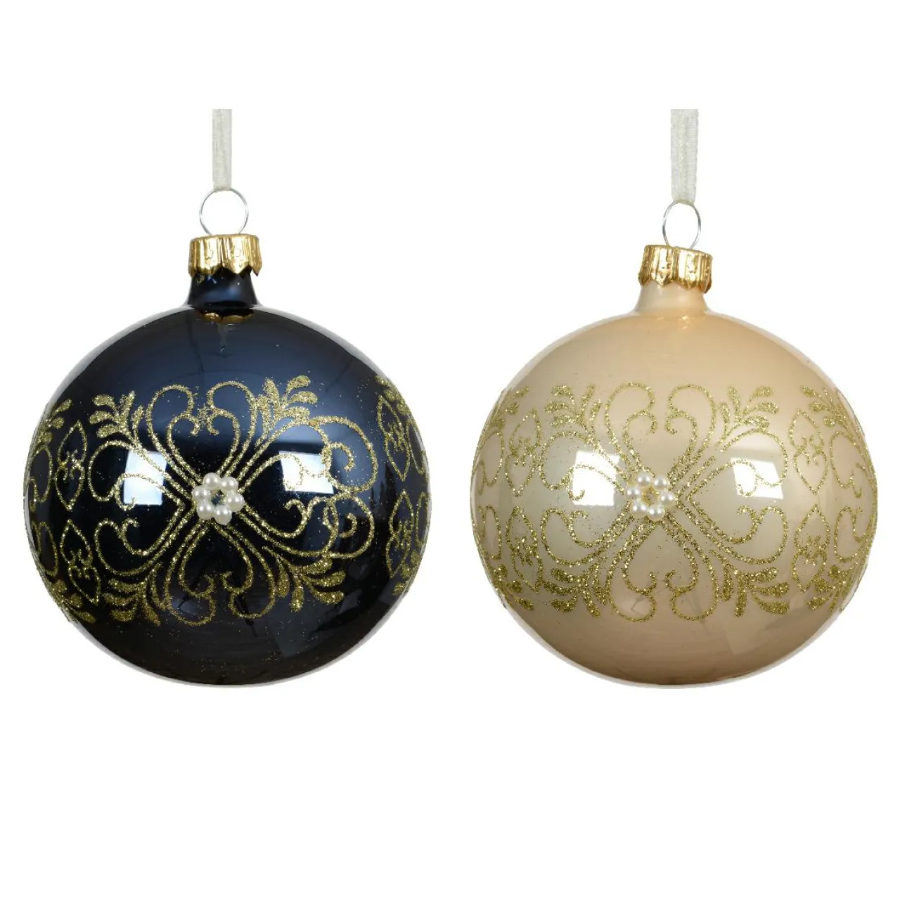 KAEMINGK Lot de 6 boules de Noël en verre (D80 mm) Marie-Antoinette nuit et perle Bleu Clearance
