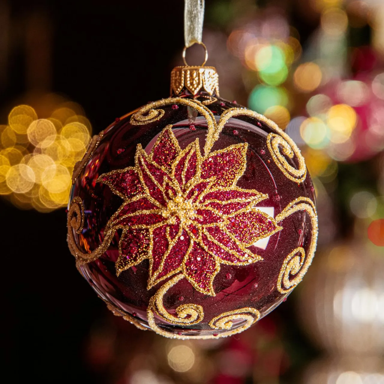KAEMINGK Lot de 6 boules de Noël en verre (D80 mm) Poinsettia Bordeaux Best
