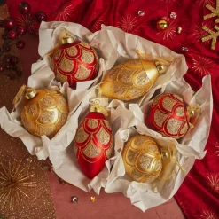KAEMINGK Lot de 12 boules de Noël en verre (D80 mm) Baroque et or Rouge Discount