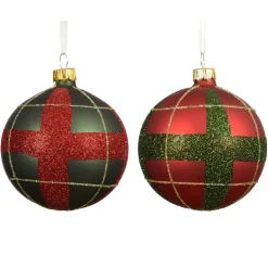 KAEMINGK Lot de 6 boules de Noël en verre (D80 mm) Ecossais et vert Rouge Discount