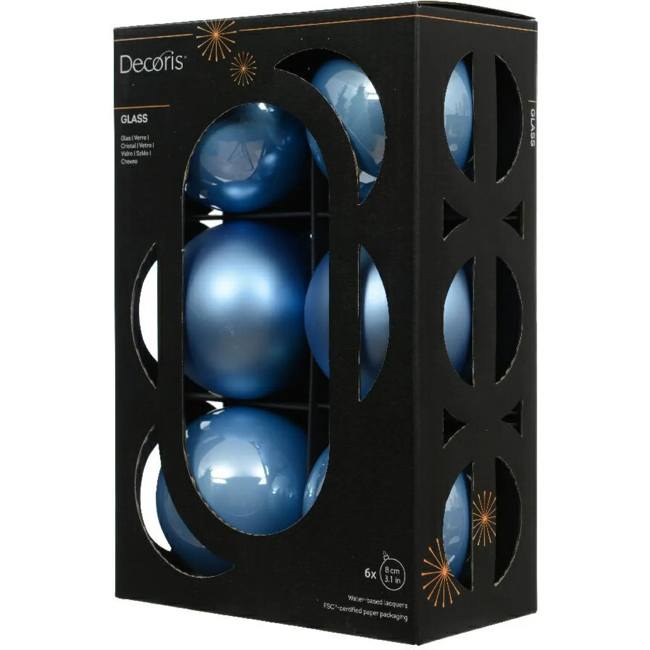 KAEMINGK Lot de 6 boules de Noël en verre (D80 mm) Boréal Bleu Ciel Hot