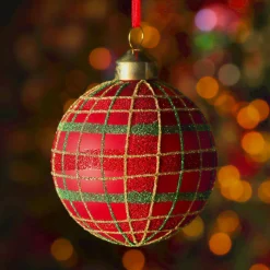 KAEMINGK Lot de 3 boules de Noël en verre (D80 mm) Carreaux paillettés Rouge