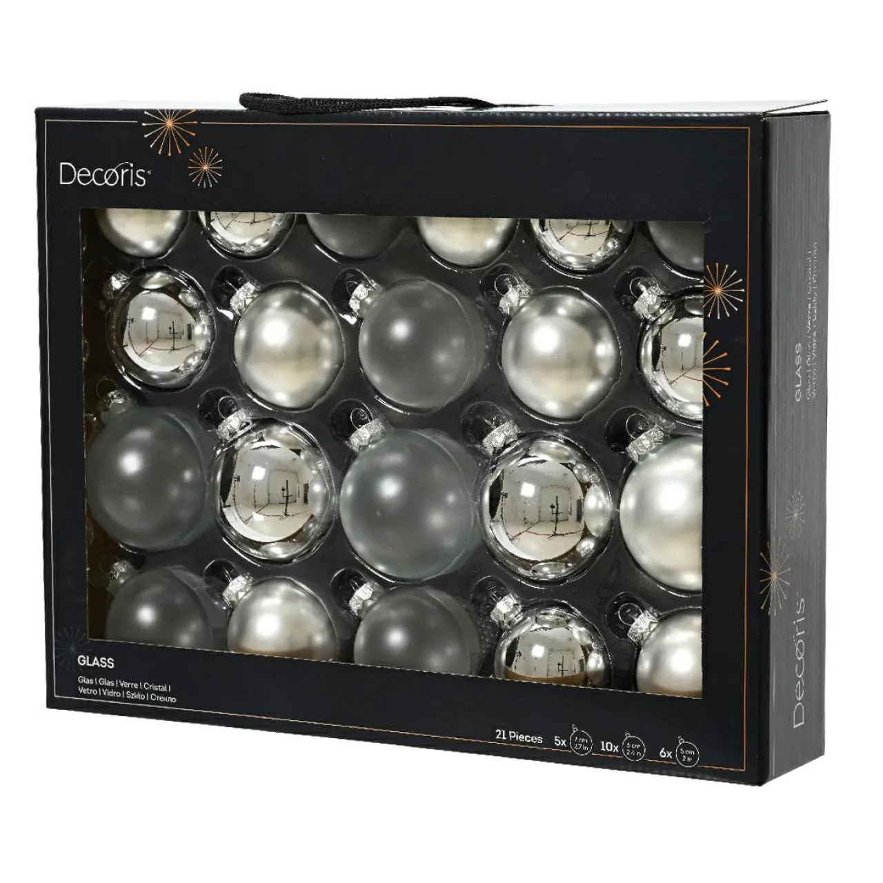 KAEMINGK Lot de 21 boules de Noël en verre (D60 à 75 mm) Assorties Cristal Argent Best