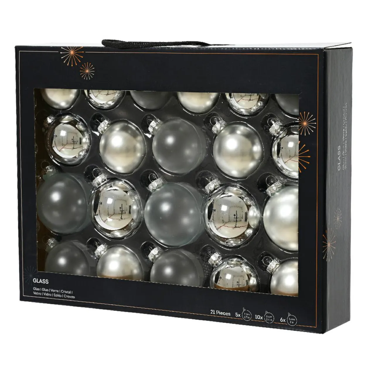KAEMINGK Lot de 21 boules de Noël en verre (D60 à 75 mm) Assorties Cristal Argent Best
