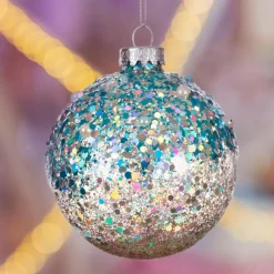 KAEMINGK Lot de 3 boules de Noël en verre (D80 mm) Pailletées Bleu Clearance