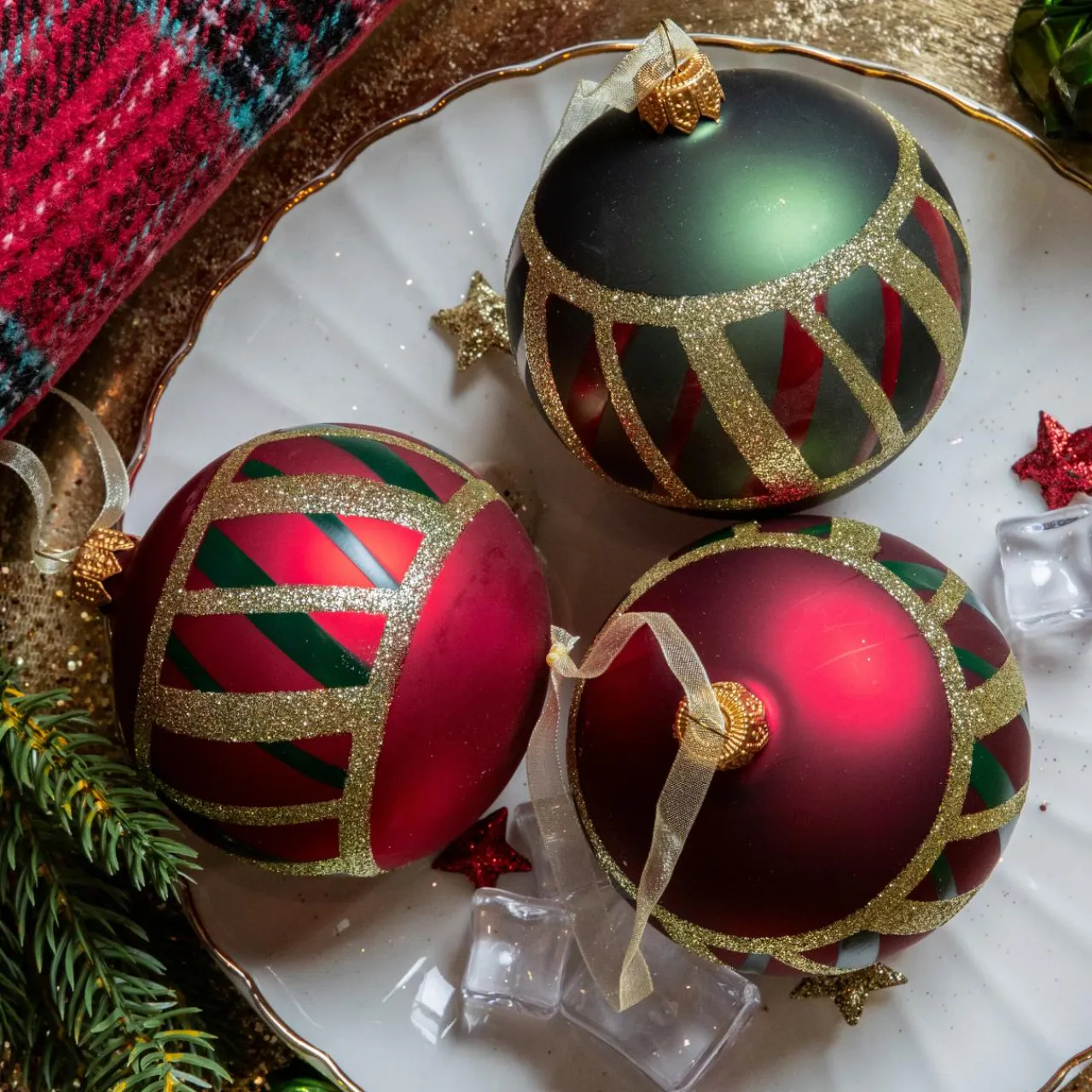 KAEMINGK Lot de 6 boules de Noël en verre (D80 mm) Carreaux Vert et Rouge New