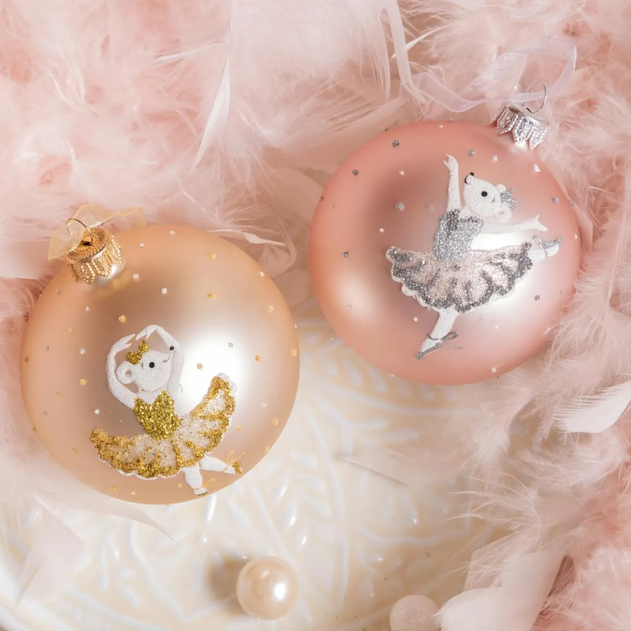 KAEMINGK Lot de 6 boules de Noël en verre (D80 mm) Ballerines et perle Rose Clearance