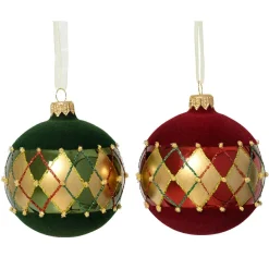 KAEMINGK Lot de 6 boules de Noël en verre (D80 mm) Carreaux de velours Bordeaux et vert sapin Rouge Outlet