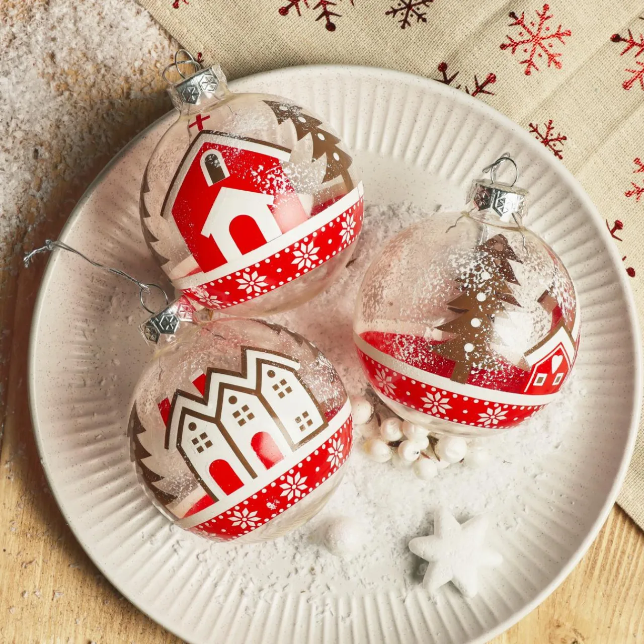 KAEMINGK Lot de 12 boules de Noël en verre (D80 mm) Villages enneigés et blanc Rouge Clearance