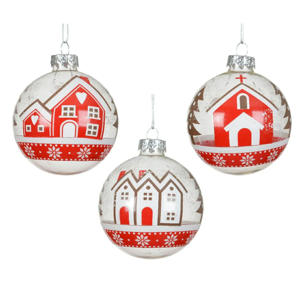 KAEMINGK Lot de 12 boules de Noël en verre (D80 mm) Villages enneigés et blanc Rouge Clearance