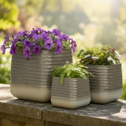 EMINZA Lot de 3 cache-pots d'extérieur carrés (H49-37-27 cm) Jamie Gris Clearance