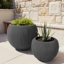 EMINZA Lot de 2 cache-pots d'extérieur ronds (H41-30 cm) Lennox strié Gris Anthracite