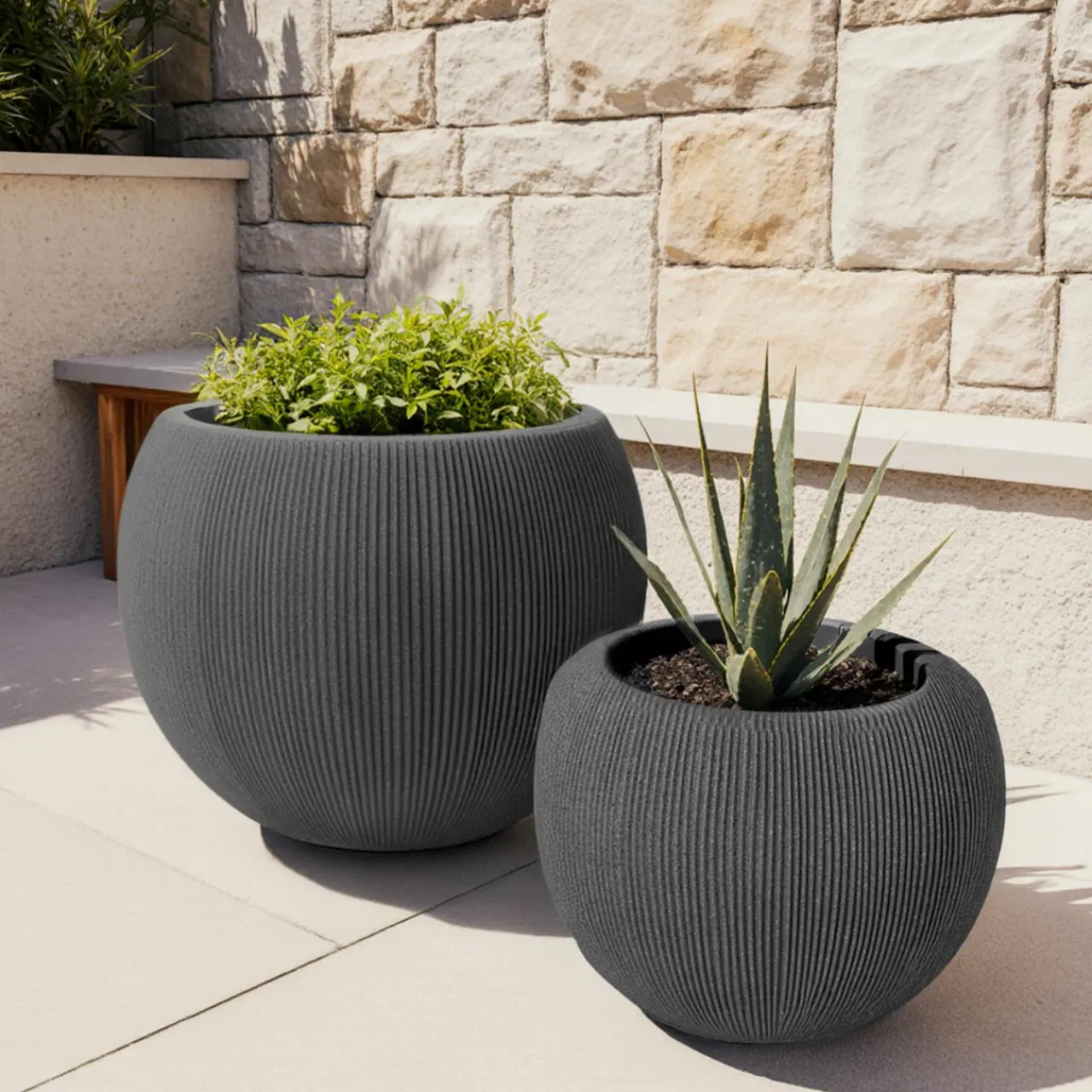 EMINZA Lot de 2 cache-pots d'extérieur ronds (H41-30 cm) Lennox strié Gris Anthracite
