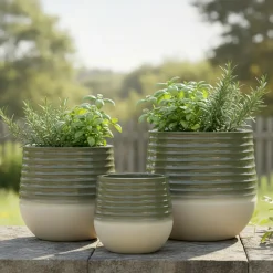 EMINZA Lot de 3 cache-pots d'extérieur ronds (H49-37-27 cm) Jamie Gris et Beige Best