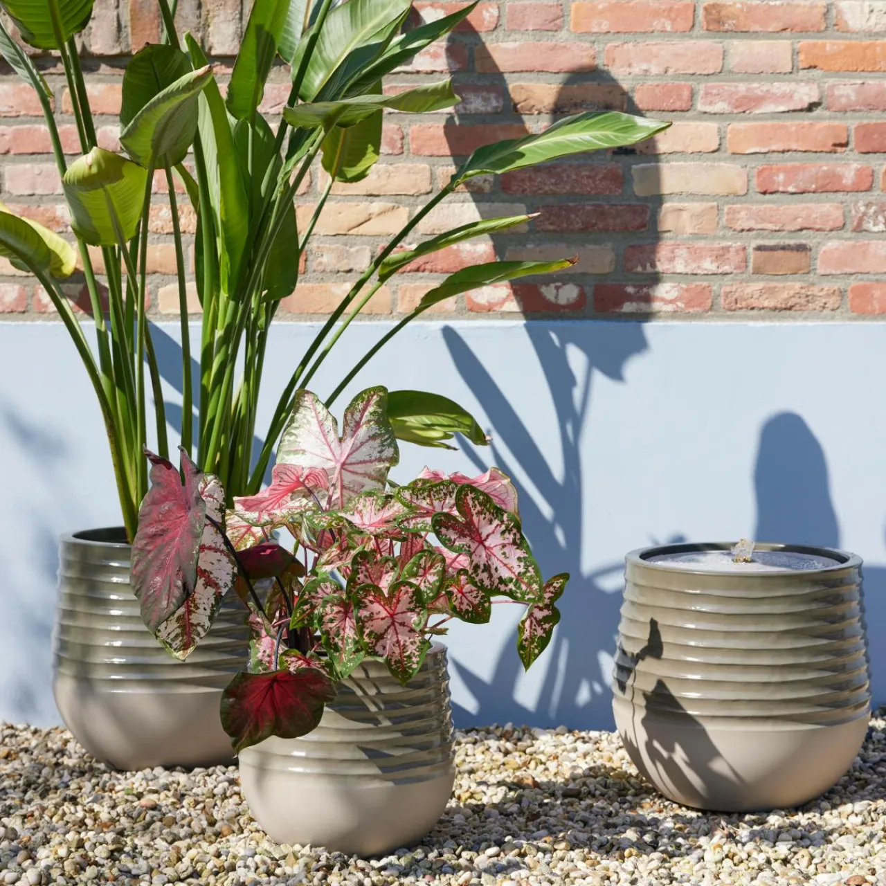 EMINZA Lot de 3 cache-pots d'extérieur ronds (H49-37-27 cm) Jamie Gris et Beige Best