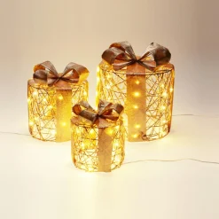 KOOPMAN Lot de 3 cadeaux lumineux à piles 135 LED (H25 cm) Rond et chic Blanc Chaud doré Hot