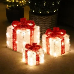 EMINZA Lot de 3 cadeaux lumineux à piles 65 LED (H30 cm) Ruban Rouge et Blanc chaud Discount